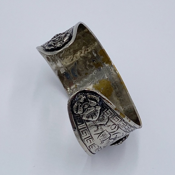 Vintage Asian Foo Dog Lion Dragon Silver Tone Cuff Bracelet - Picture 10 of 13